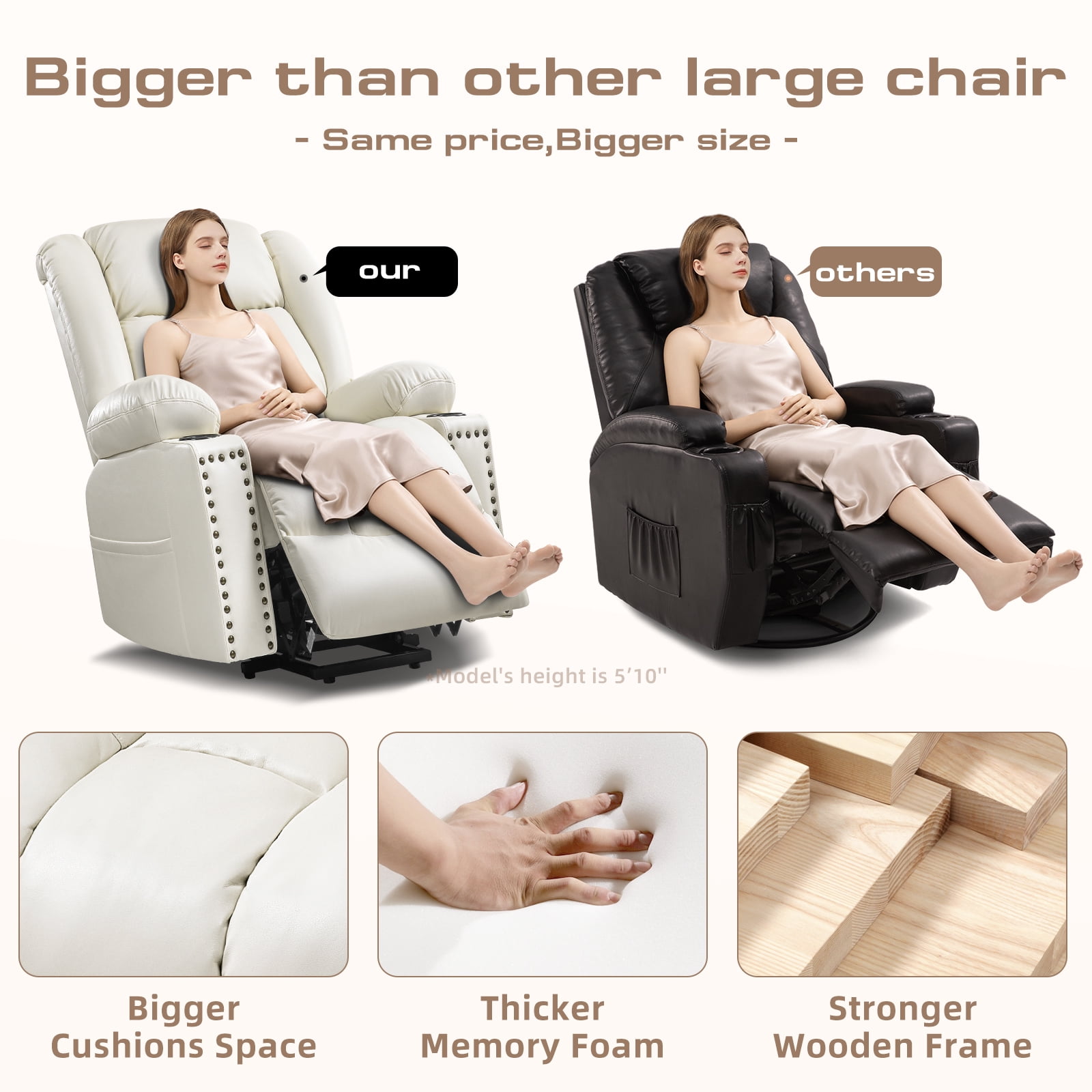 Large Power Lift Chairs Recliners for Elderly with Heated and Massage, Overstuffed Adjustable Lift Chairs, 3 Positions, Breathable Leather, USB-A and USB-C, Cup Holder, Side Pocket, Dark Brown