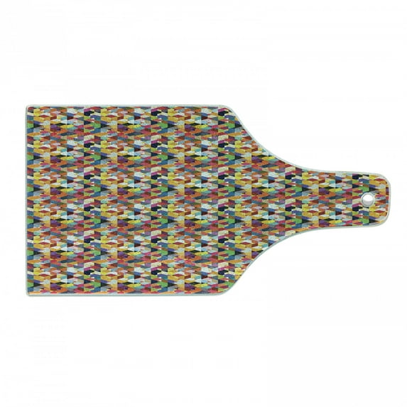 Retro Cutting Board, Lively Scene of Triangles Diamond Shapes and Other Polygons in Grunge Style, Decorative Tempered Glass Cutting and Serving Board, in 3 Sizes, by Ambesonne