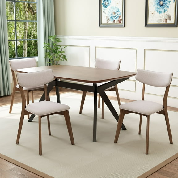 Christopher Knight Home Mid-Century 5-Piece Dining Set with Rectangular Table and 4 Beige Upholstered Chairs