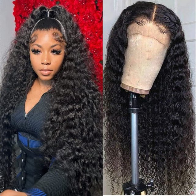 Peluca con encaje en la parte delantera Pinketer Deep Wave, 100% cabello humano, 24 pulgadas