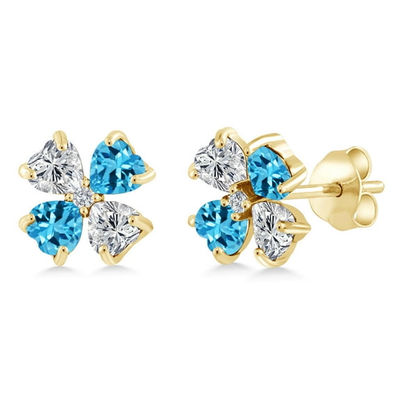 Gem Stone King 18K Yellow Gold Plated Silver Lab Grown Diamond and Swiss Blue Topaz Stud Earrings for Women | 2.27 Cttw | Gemstone April Birthstone | Heart Shape 4MM
