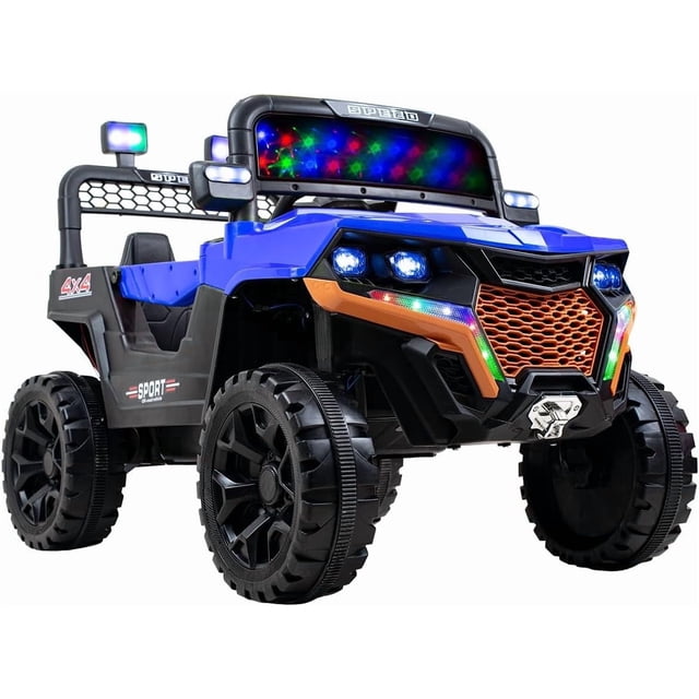 Carro Estilo Maverick Camioneta Off-Road Electrico Montable para Niños Carrito de Control Remoto y Manejo Directo con Luces Estereo y Pedales Funcionales con Control Remoto (Azul)