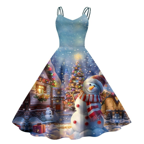 Women's Retro Christmas Printed Long Sleeve Casual Dress Fashionable Strap Zipper Elegant Party Wear Comfortable Daily Outfit