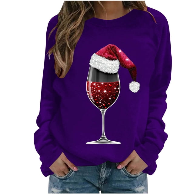 Staron Chandail de Noël pour Femmes à Manches Longues, T-Shirt Verre de Vin Rouge, Mode, Col Rond, Chandails Décontractés Doux, Blouse Grande Taille, Hauts, Cadeaux pour Elle