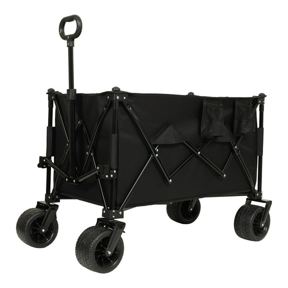 Collapsible Foldable Extended Wagon,480lbs Weight Capacity, Heavy Duty Folding Utility Garden Cart with Big All-Terrain Beach Wheels & Drink Holders,Side Pocket and Brakes, Black
