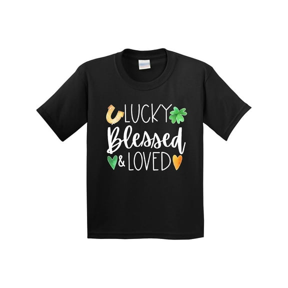 Inktastic Lucky Blessed and Loved Horseshoe Clover Hearts Youth T-Shirt