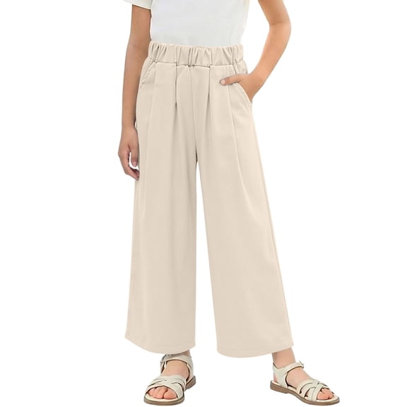 xaoyunyn Ankle Wide Leg Pant for Girls Loose Solid Color Elastic Waisted Casual Pant with Pockets