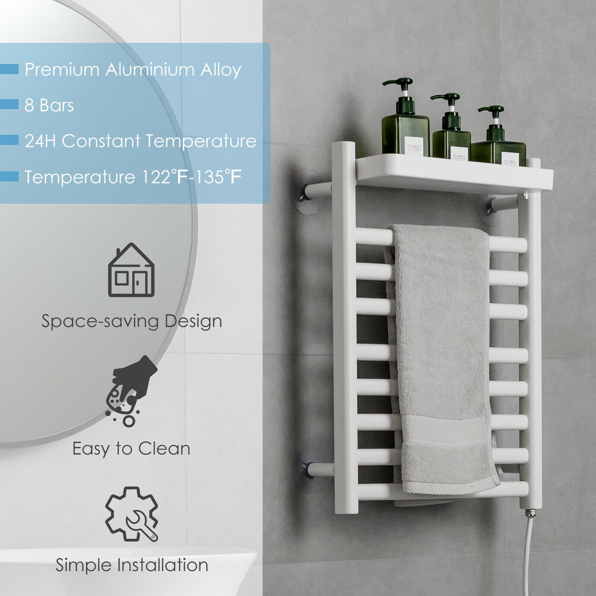 Gymax 8 Bars Wall Mounted Towel Warmer Punch-free Heated Towel Rack w/Top Tray - image 5 of 10