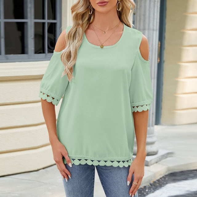 LSLJS Women Spring and Summer Off The Shoulder Round Neck Lace Patchwork 3/4 Sleeve Loose Tops