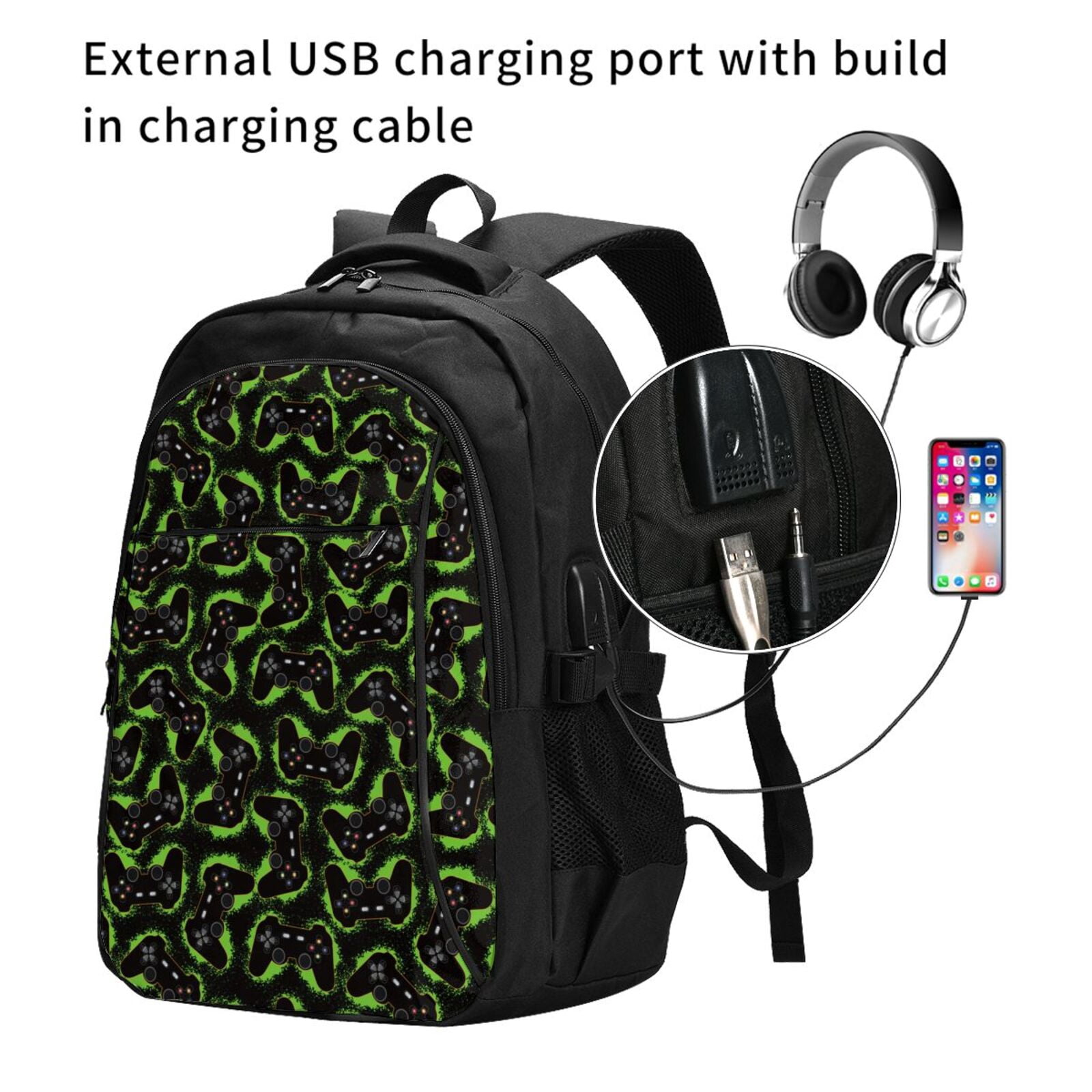 Vsdgher Cool Gamepad Print Travel Laptop Backpack, Laptops Backpack with USB Charging Port, Water Resistant Computer Bag Gift for Men & Women