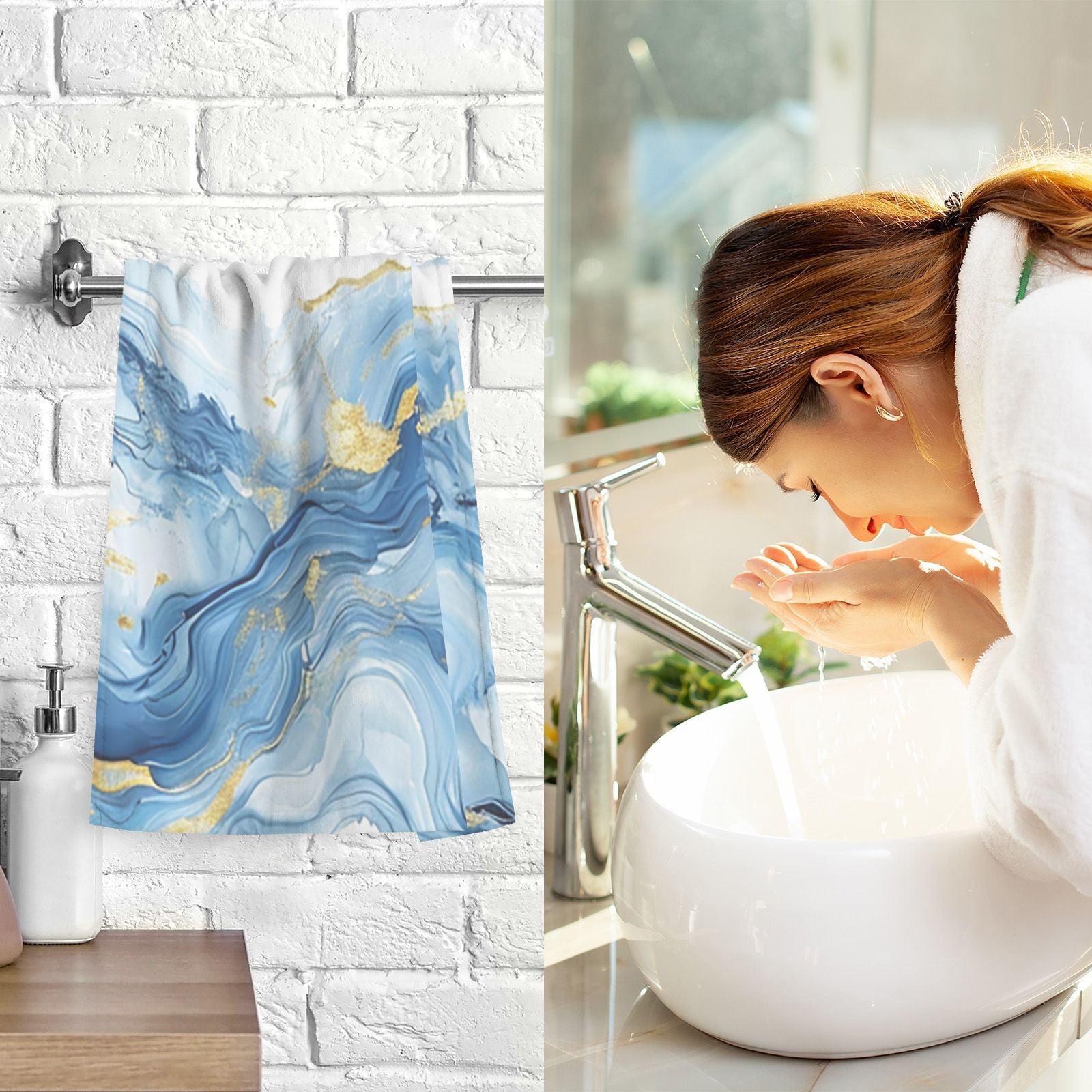 Blue Gold Agate Hand Towel Bath Towels Face Towels Cotton Absorbent for Home Hotel Spa Swimming Yoga Sports Decorative Towel Set of 2