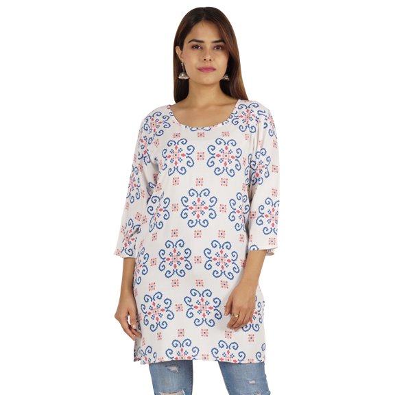 Moomaya Womens Tops Rayon Block Print Tunic 3/4th Sleeve Tunic Summer Blouse