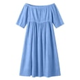 thumbnail image 5 of Bxsruta Women's Off the Shoulder Midi Dress Three Quarter Sleeve High Waist Flowy Split Beach Sundress Casual Pull on Elegant Fit and Flare a Line Summer Vacation, 5 of 8