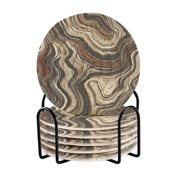Haosy Set of 6 Drink Woven Coaster with Holder Heat Resistant Non-Slip Bar Coasters 4 Inches Earth Toned Marble