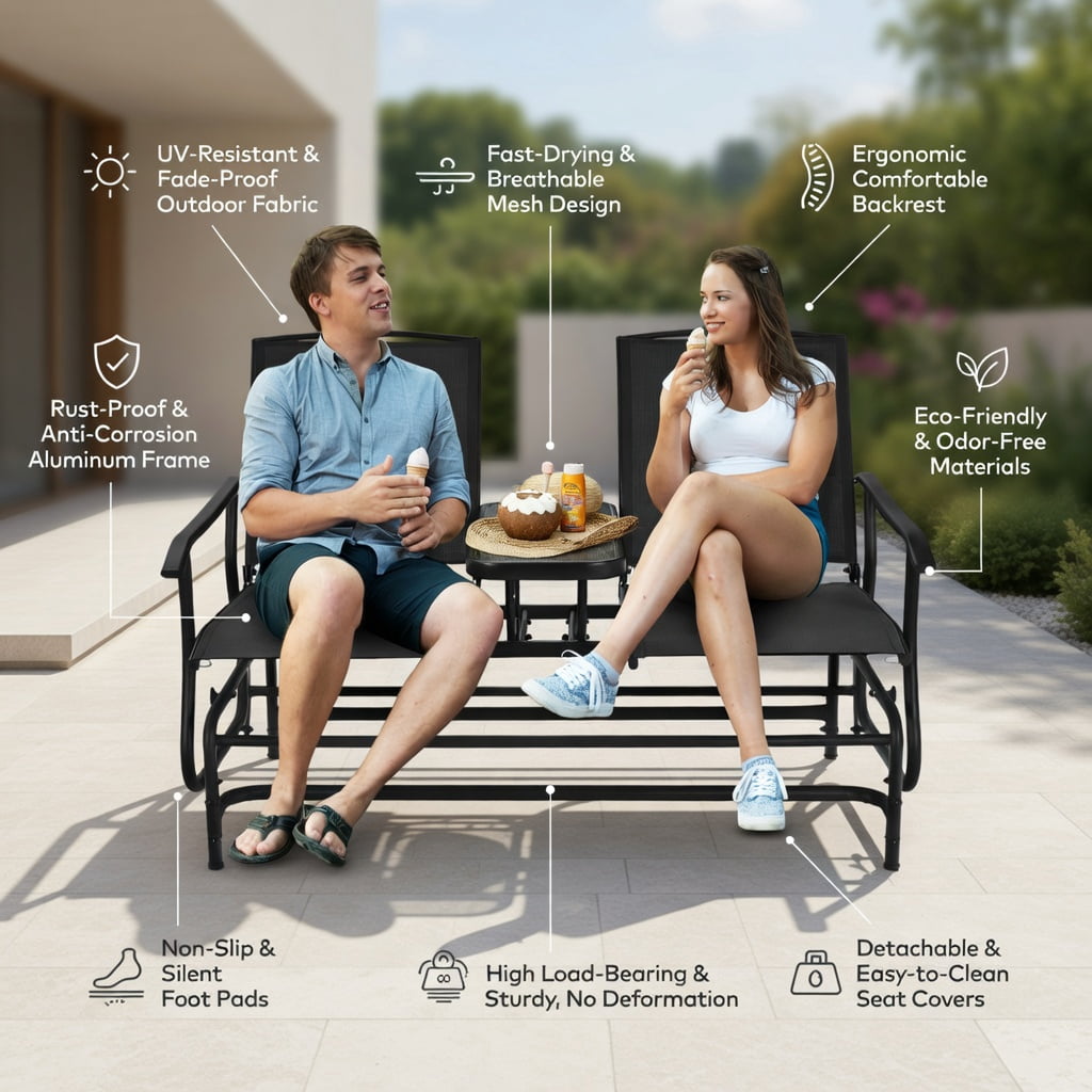 Hommoo 2-Person Outdoor Rocking Loveseat with Tempered Glass Center Table, Steel Frame Patio Seating, Black