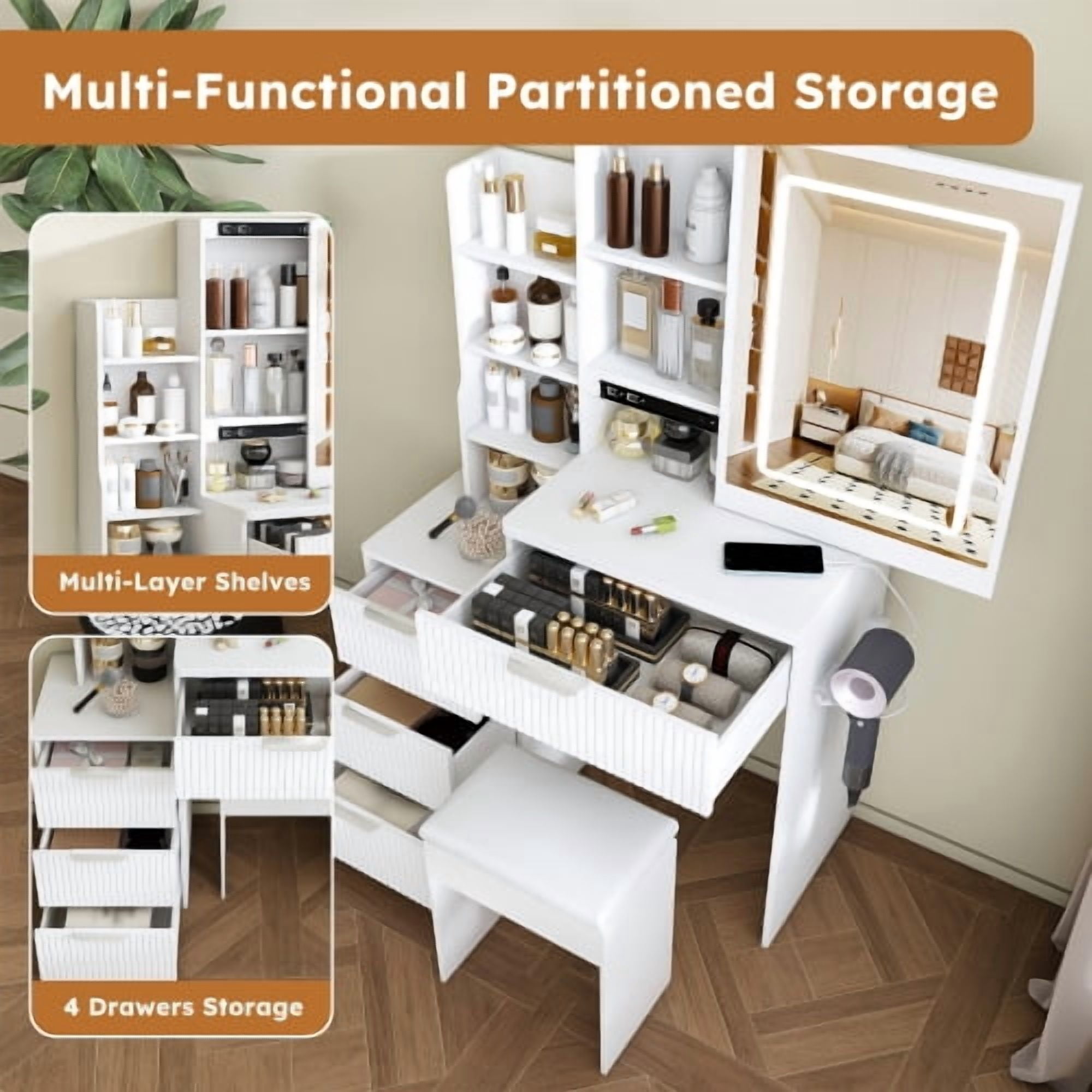 Modern Vanity Desk ,featuring 3 modes of LED lighting with adjustable brightness , with 4 drawers and multiple open storage shelves, with a hair dryer holder and power socket, a dressing chair.white