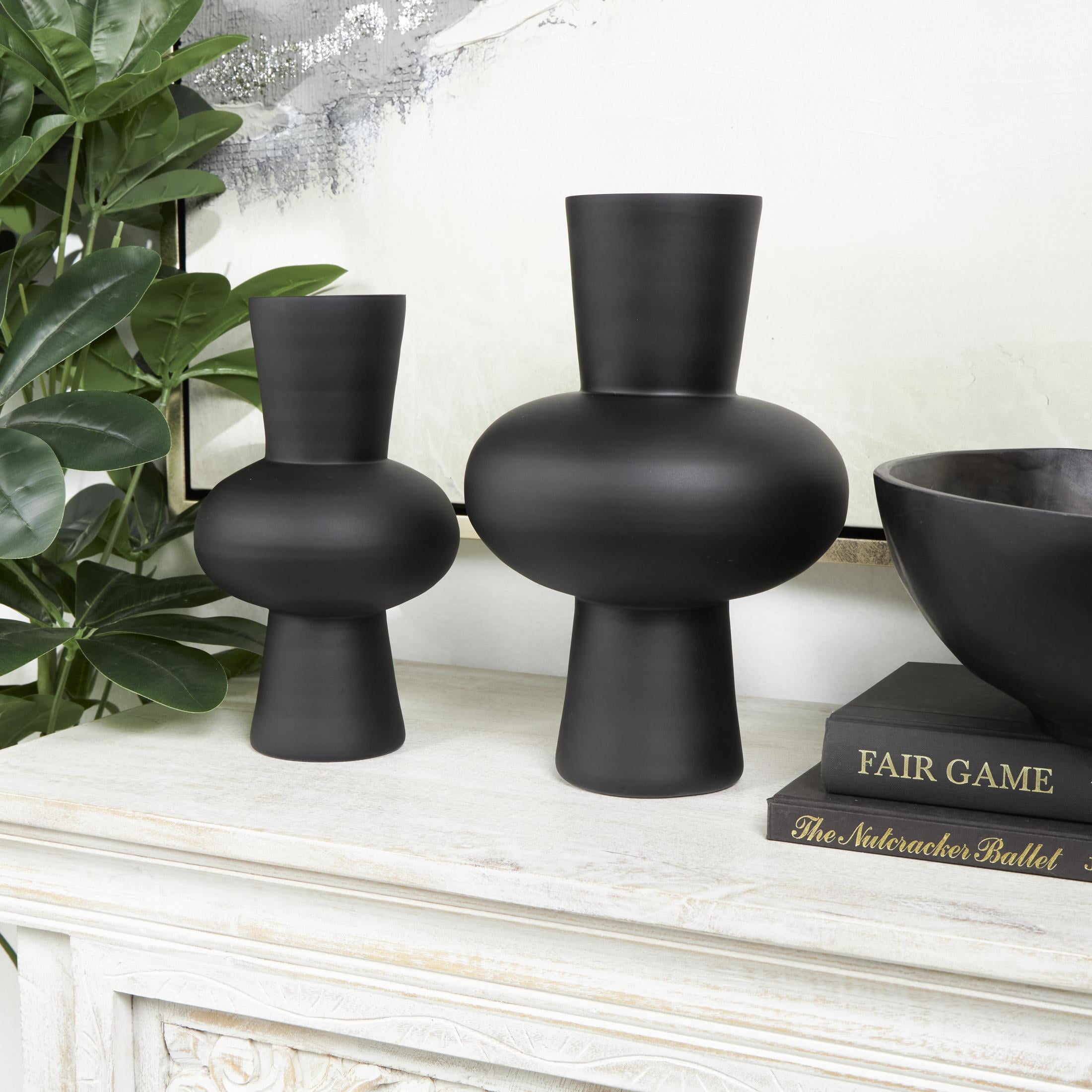 DecMode 12", 10"H Trumpet Black Glass Vase with Wide Rounded Center, Set of 2