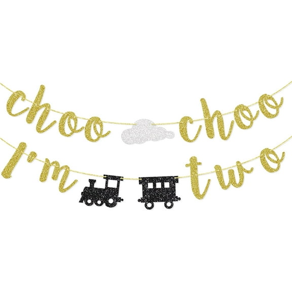 Choo Choo I'm Two Banner 2nd Birthday Party Decorations Train Themed Decor Gold Glitter