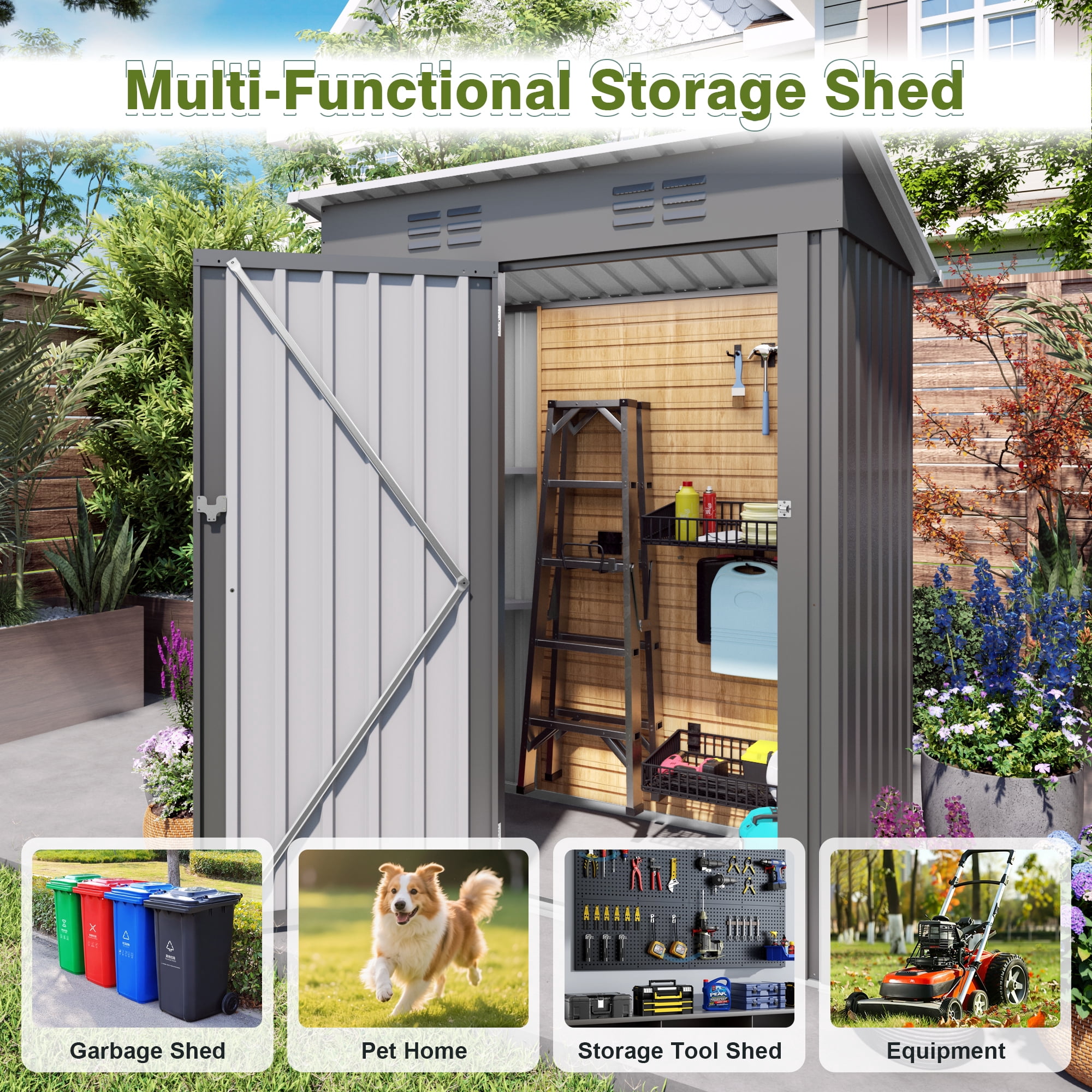 Vigo huseeo 5x3FT Metal Lean To Shed, Outdoor Storage Shed for Patio Backyard Garden (Gray)