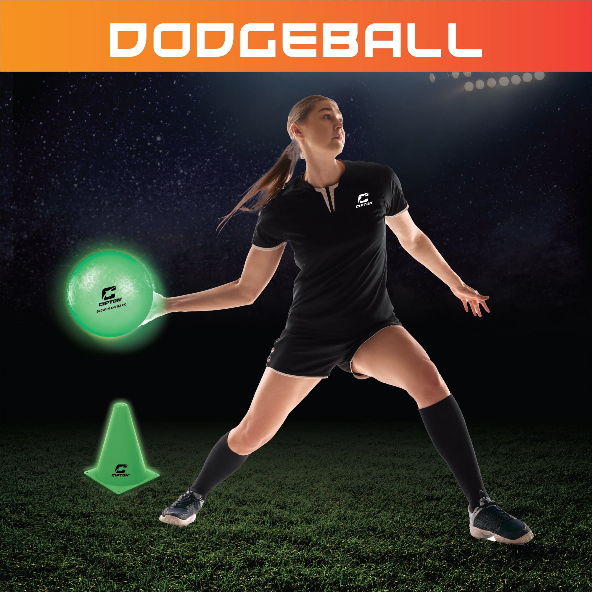 Cipton Glow-in-the-Dark Kickball and Dodgeball Set with Bases, Cones, Court Lines, Ball Pump, 12 Pieces