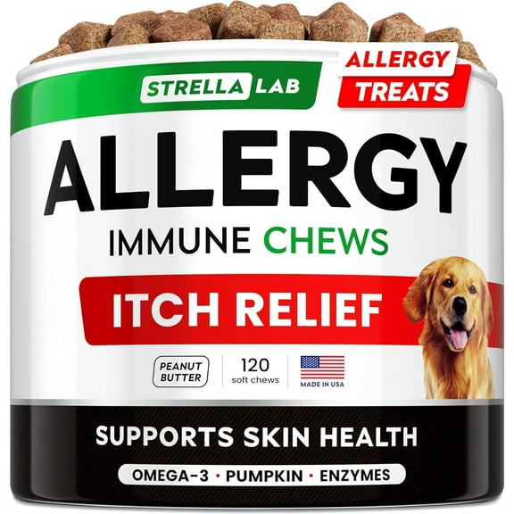 StrellaLab Dog Allergy Relief & Anti Itch Relief for Dogs Chews with Omega 3 - Skin & Coat Immune Supplement with Fish Oil, Pumpkin & Enzymes — Developed by Experts - Made in USA - 120 Count
