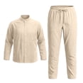 thumbnail image 5 of Glisme Mens 2 Piece Sets Summer Outfits Breathable Linen Long Sleeve Shirt With Button And Comfortable Pants For Home Yoga Casual Wear Outdoor Beach Fashion Clothing Set Khaki, 5 of 5