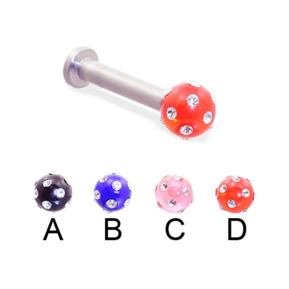 Labret With Multi-Gem Acrylic Colored Ball, 10 Ga,1/4" (6Mm) Long,Black
