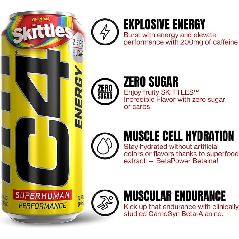 C4 Energy Drink, Skittles, Sugar Free, Carbonated Pre Workout Drink, 16 oz,  12 pack 