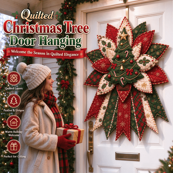 Christmas Quilted Wreath Hanger Sewing Kit, DIY Craft Beginner Friendly All-in-One Supplies, Front Door Wall Ornament for Home Decor Handmade Gift