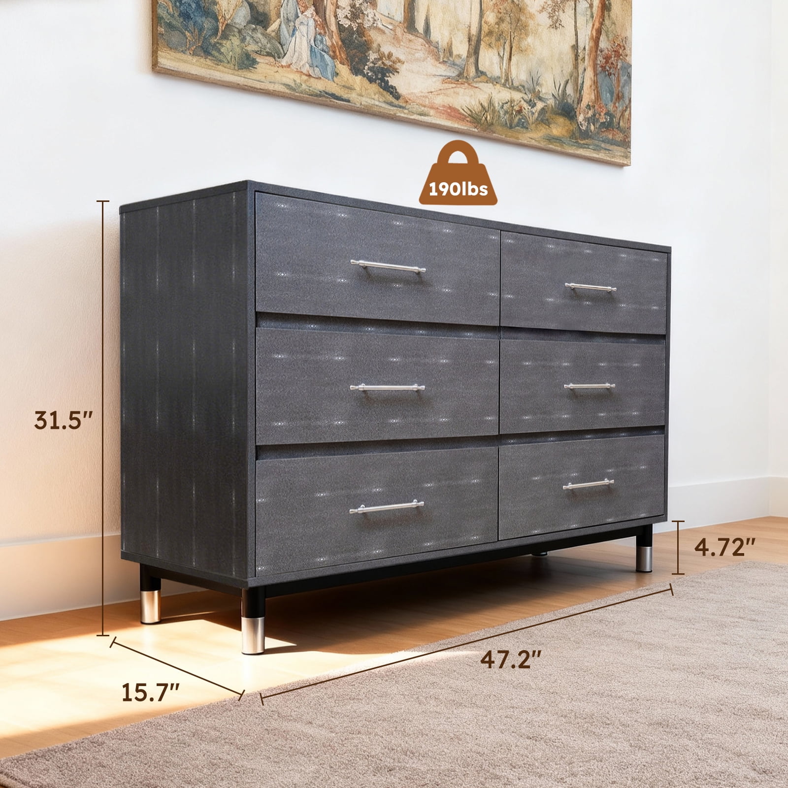 BERRY NEST Grey Dresser for Bedroom, 6 Drawer Wood Dresser with Modern Storage Organizer, Wide Chest of Drawers for Clothes, Closet, Living Room
