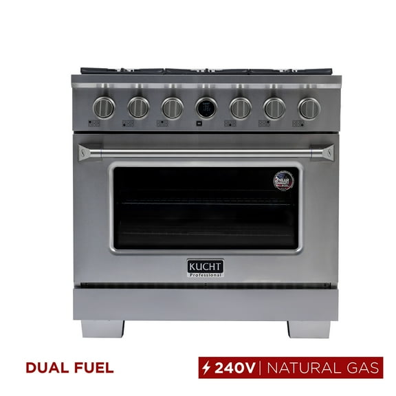 36 in. 5.2 cu. ft. 6 Burners Dual Fuel Range for Natural Gas in Stainless Steel.