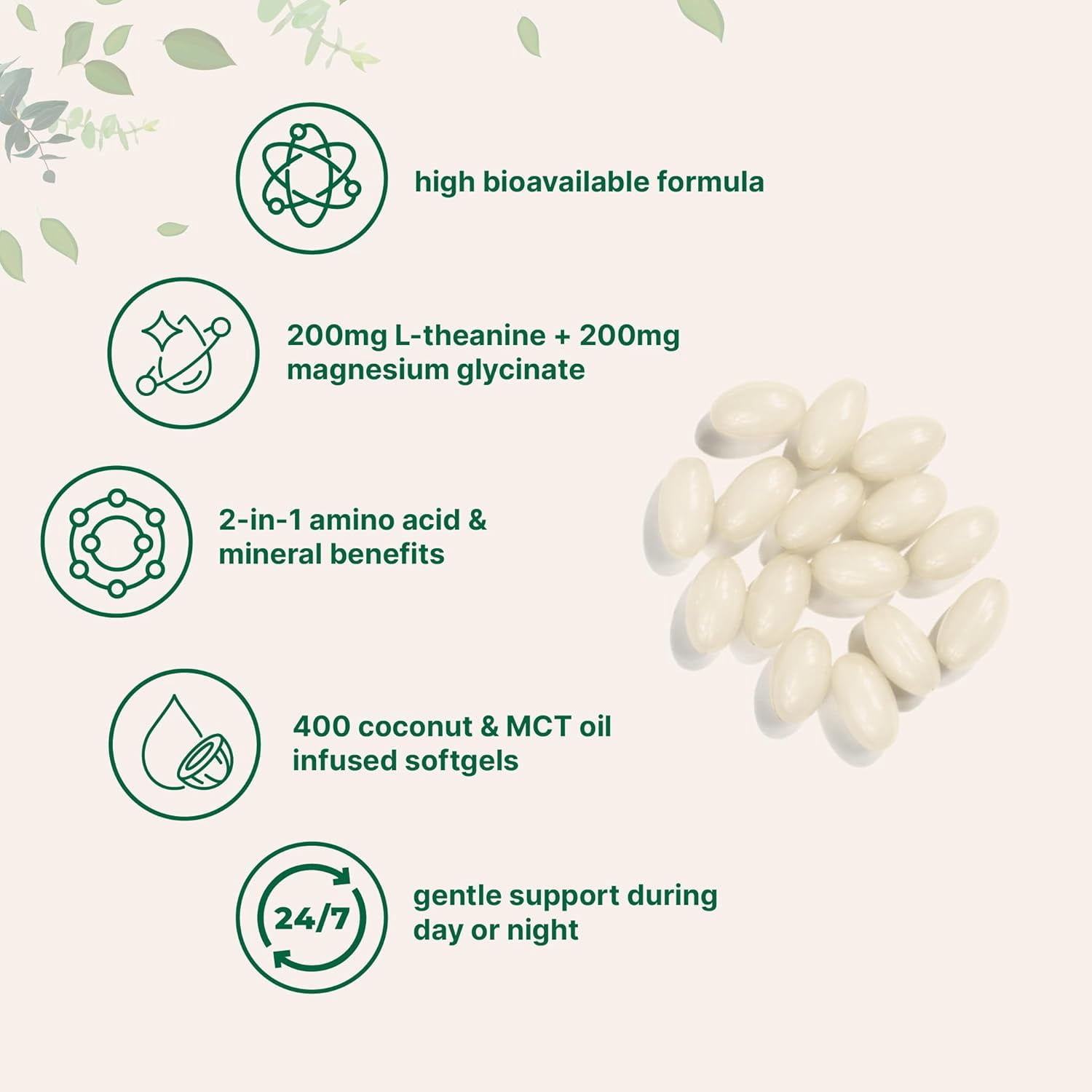 Micro Ingredients L-Theanine 200mg with Magnesium Glycinate, 400 Coconut MCT Oil Softgels | 2-in-1 Amino Acid & Mineral Complex, Relaxation, Focus & Muscle Support