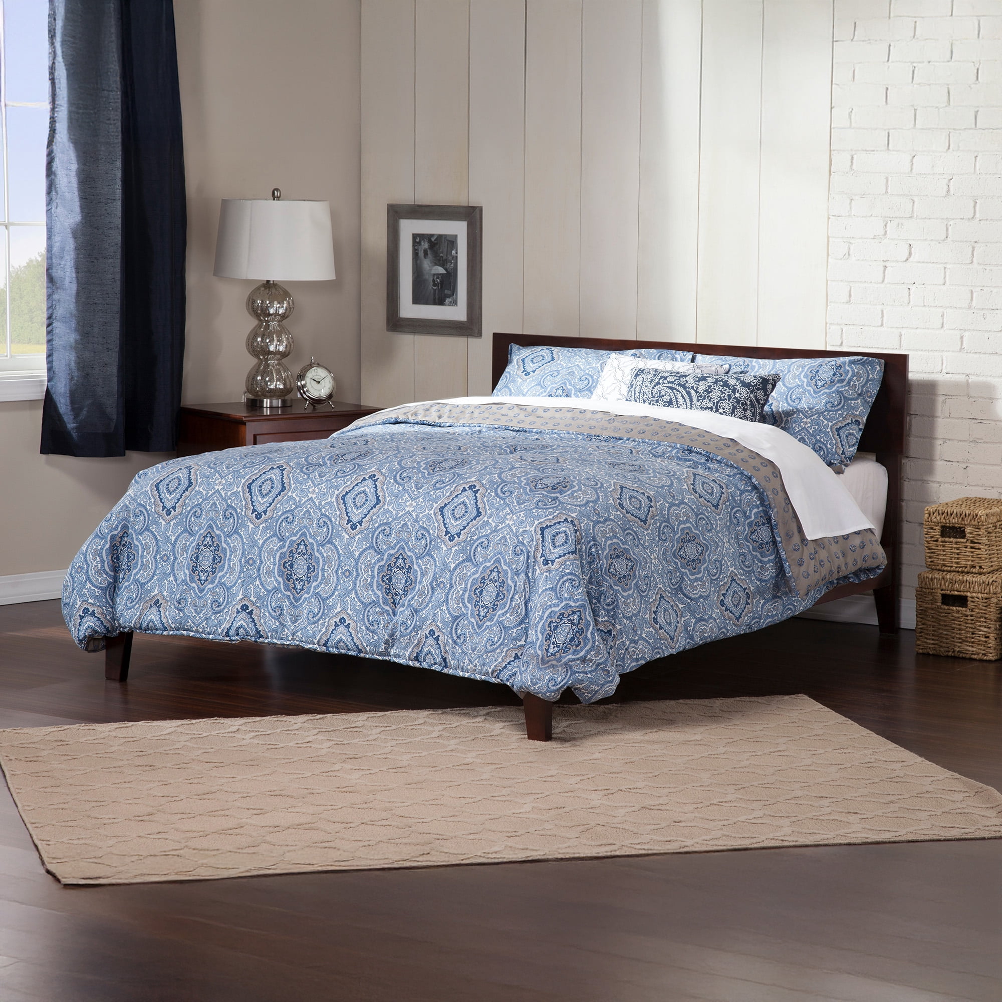 AFI Orlando King Low Profile Wood Platform Bed Frame with Panel Headboard, Walnut