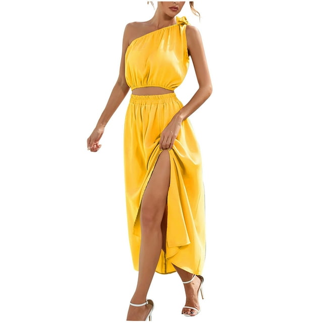 Ensemble d'Été Deux Pièces pour Femmes Robe Sans Manches à une Épaule Crop Top Taille Haute Jupe Maxi Fendue