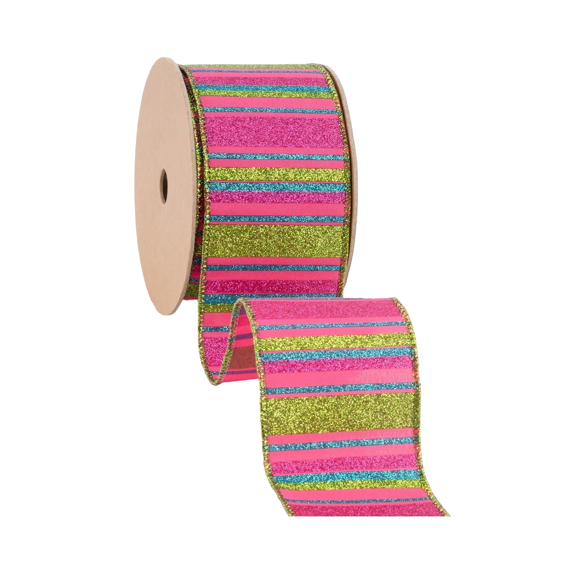 LaRibbons 2 1/2" Wired Ribbon, Multi Colored Stripes on Hot Pink, 10 Yard Roll