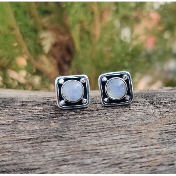 Moonstone Stud Earrings – 925 Sterling Silver Round Cabochon Moonstone Boho Studs for Women, Handmade Minimalist Leaf Design Gemstone Jewelry Gift for Birthday, Anniversary