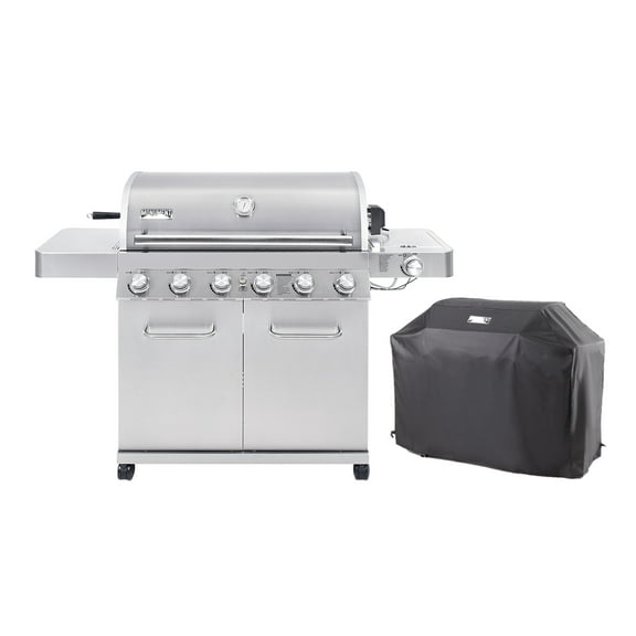 Monument Grills 6-Burner Propane Gas Stainless Grill with LED Controls, Side Burner, Rotisserie Kit, and Grill Cover