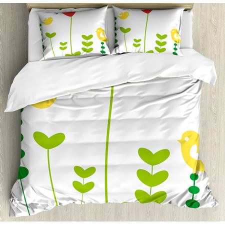 Love Queen Size Duvet Cover Set, Cute Little Birds with Heart Shaped Petals Nature Inspirations Image, Decorative 3 Piece Bedding Set with 2 Pillow Shams, Dark Coral Yellow Green, by Ambesonne