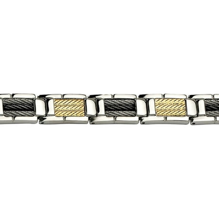 Primal Steel Stainless Steel Black IP-Plated Wire and 14kt Bracelet, 8.5