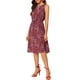 thumbnail image 4 of Vestido midi sin mangas de corte A con cuello en forma de llave y cintura ajustable, estampado de flores, color burdeos, talla 3XL, 4 of 7