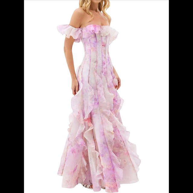 Vestidos Largos de Verano para Mujer, con Hombros Descubiertos, Florales, con Volantes, para Playa, Estilo Bohemio, para Invitada de Boda Rosa XL