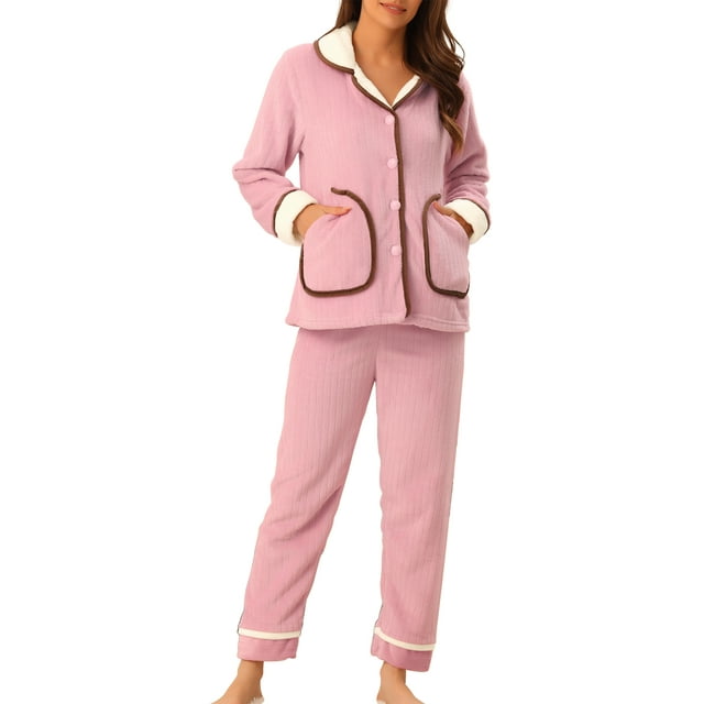 INSPIRE CHIC Women's Pajamas 2 Piece Set Button Top and Pants Flannel Winter Sleepwear M Pink