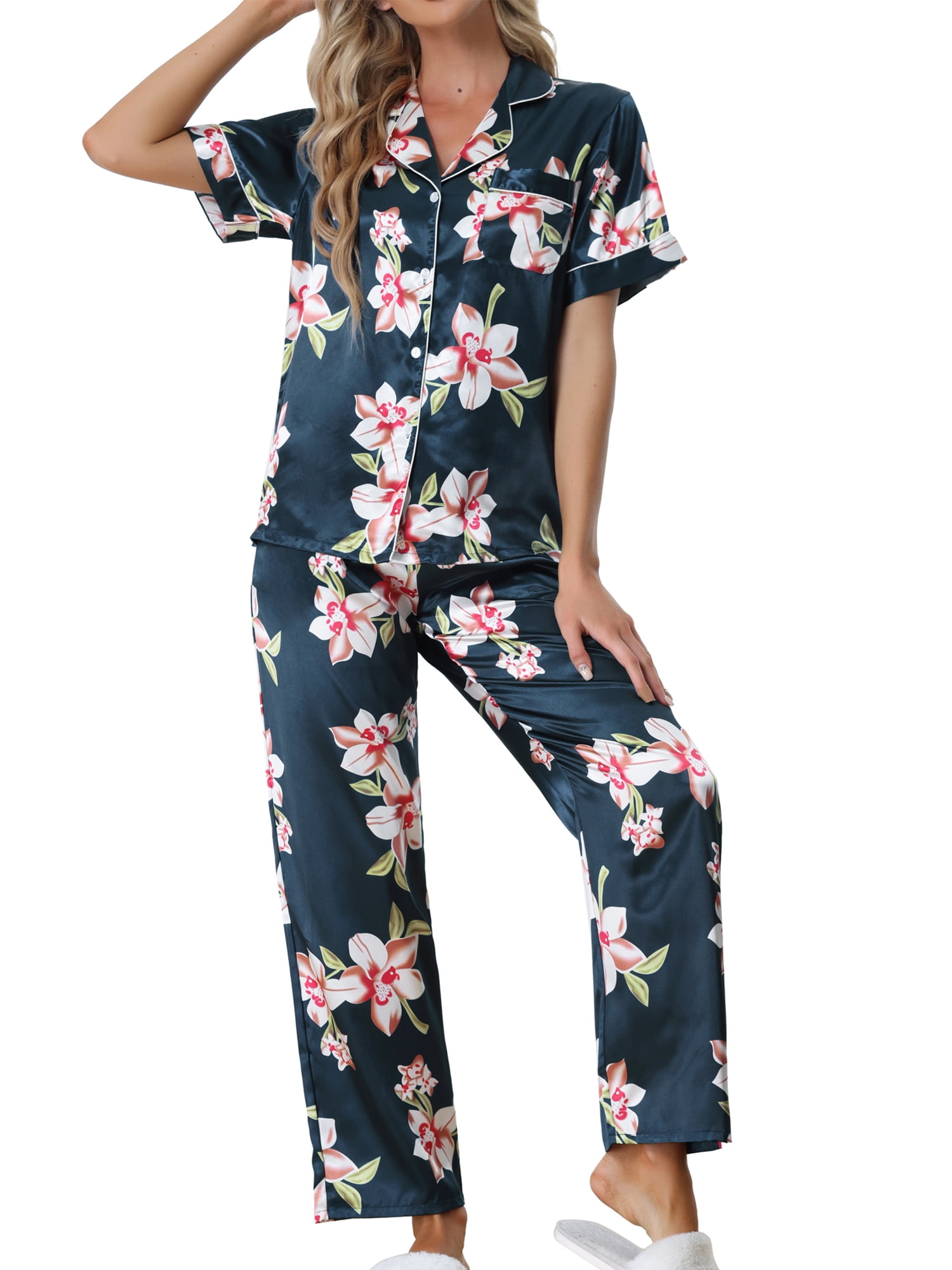 Unique Bargains Women's 2pcs Floral Button Down Pajama Set Nightwear Sleepwear Sets