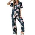 thumbnail image 2 of INSPIRE CHIC Women's Pajama Sets Button Down Shirt with Long Pants 2 Pcs Nightwear Sleepwear L Deep Blue, 2 of 5