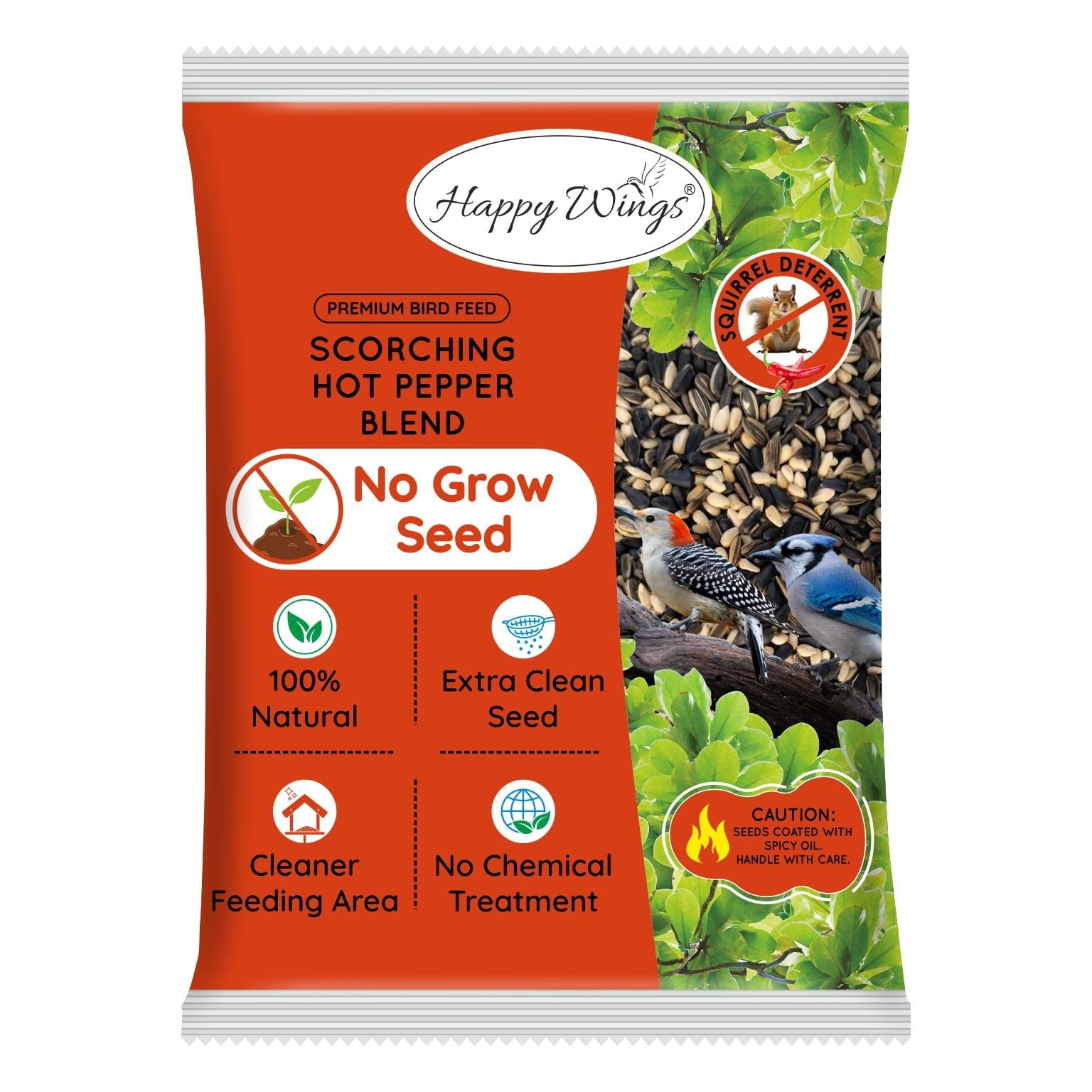 Happy Wings Scorching Hot Pepper Blend Bird Food, Seed- Sunflower, Shelled Peanuts & Safflower premixed with Hot Pepper Sauce - 4 lb | No Grow Seed, Squirrel Resistant, Safe for Wild Birds