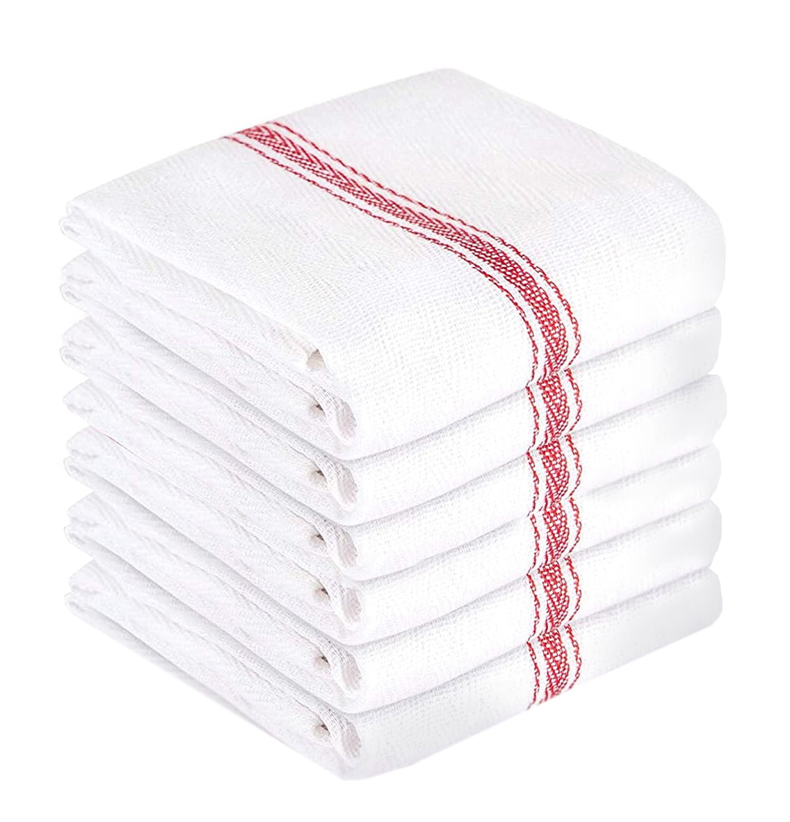 Nouvelle Legende Kitchen and Dish Towels, Cotton, 14 x 25 Inches, White with Red Herringbone Stripes, 6 Pack