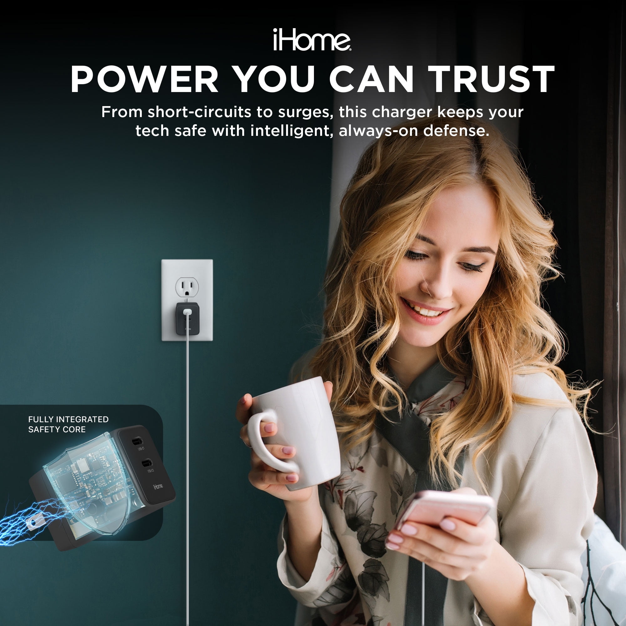 iHome 45W GaN Charger, Dual USB-C Ports, Power Delivery, Fast Charging, Foldable Plug