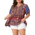 thumbnail image 1 of Camisas de verano de mujer plus size con cuello en V y mangas cortas de linterna Agnes Orinda, blusas boho de peplum floral 1X azul, 1 of 8