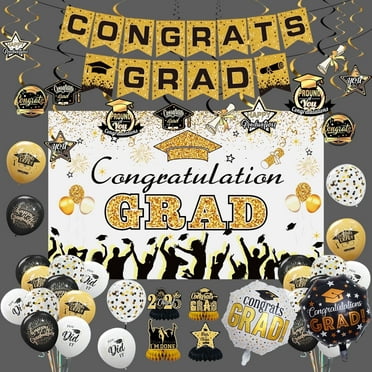 KiddiTouch Graduation Decorations Class of 2025 Gold Themed Backdrop Banner, Supplies for Graduation Party