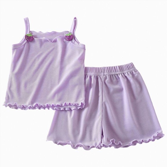 KPOPLK Toddler Baby Girl Summer Outfits Solid Color Strap Waffle Sleeveless Ruffle Tank Tops Shorts Set Cute Infant Clothes for 3M-7T(6-7 Years,Purple)